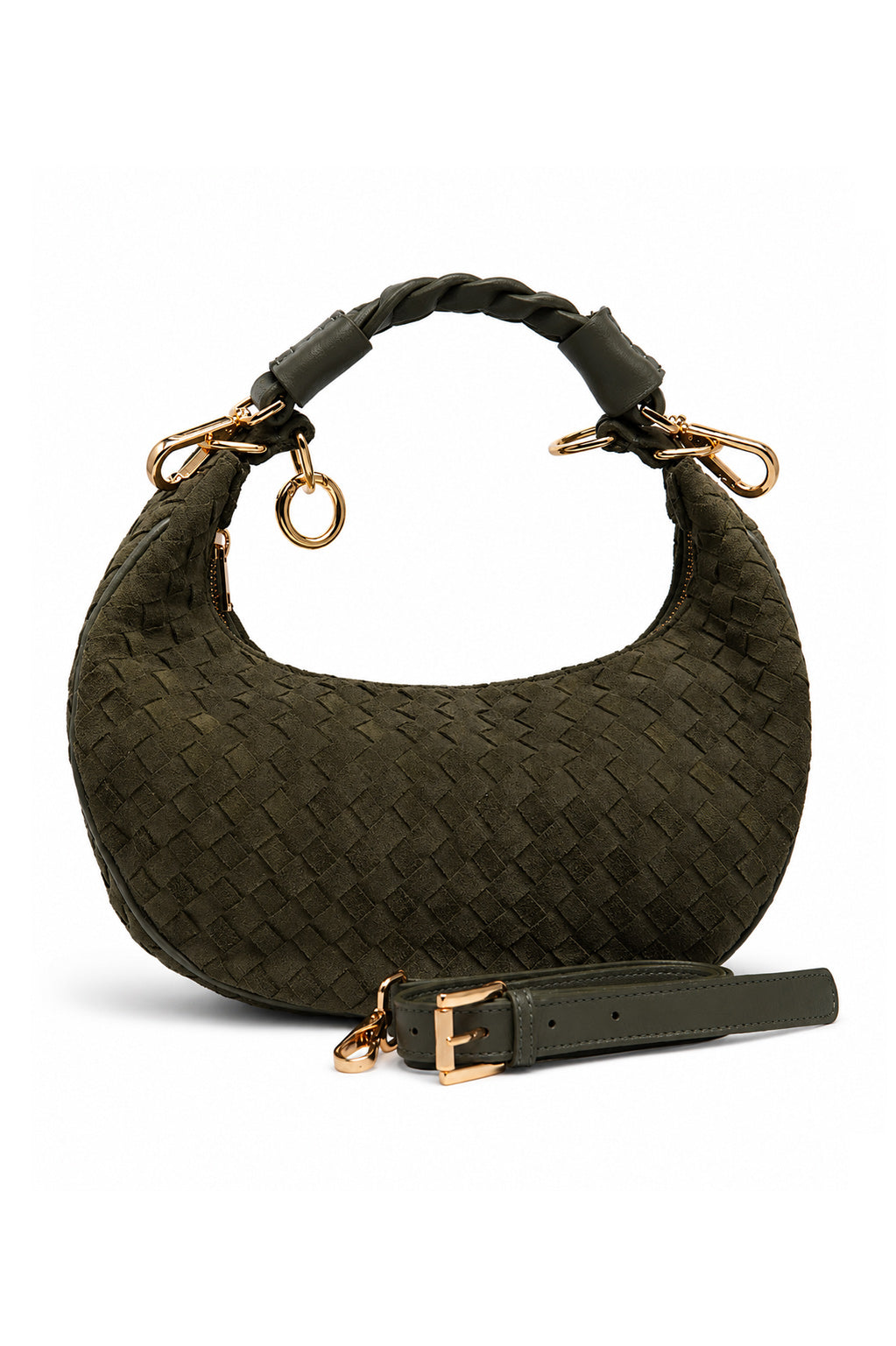 Bolsa Marcela P | Couro Chamois Tressê | Verde | Ferragem Dourada