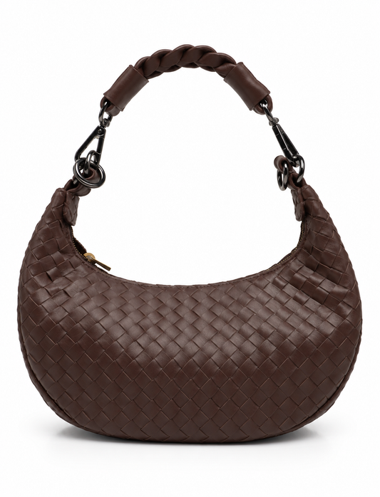Bolsa Marcela P | Couro Pelica Tressê | Marrom | Ferragem Ônix