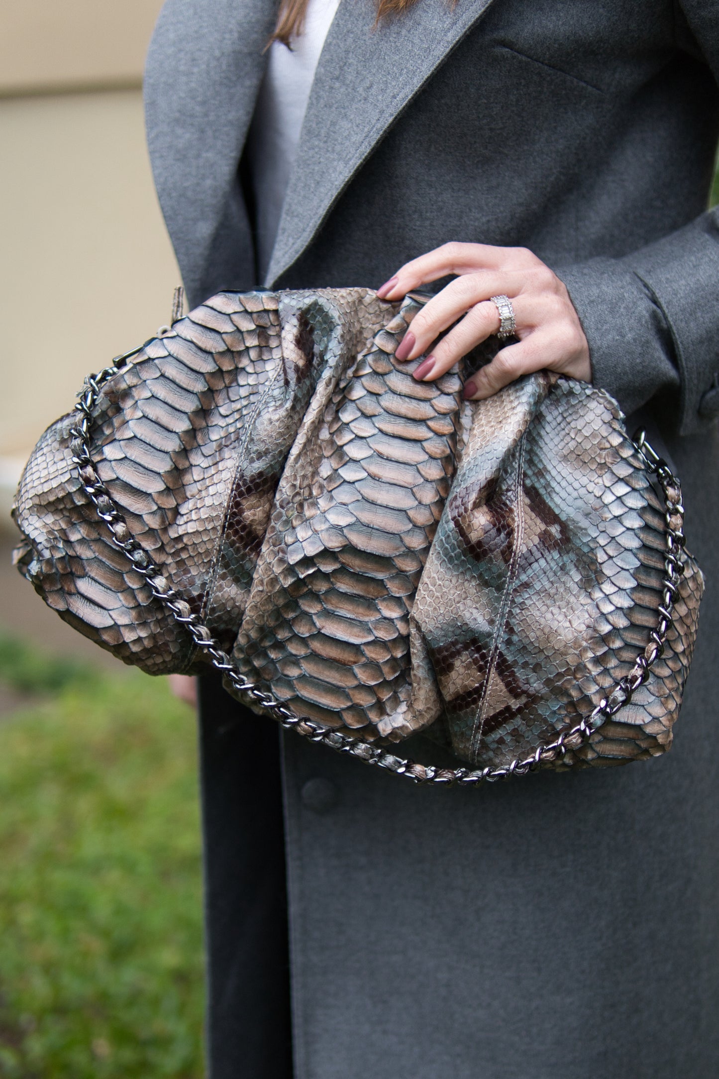 Bolsa Tanara | Couro de Python Artesanal | Marrom e Verde