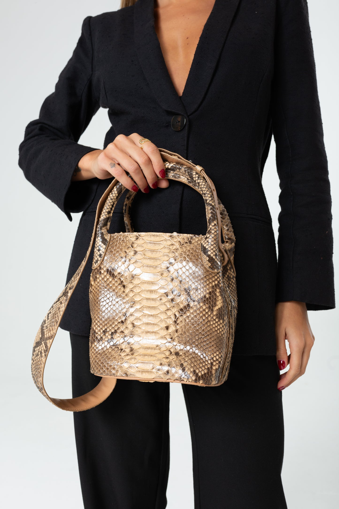 Bolsa Teca | Couro de Python Artesanal | Bege