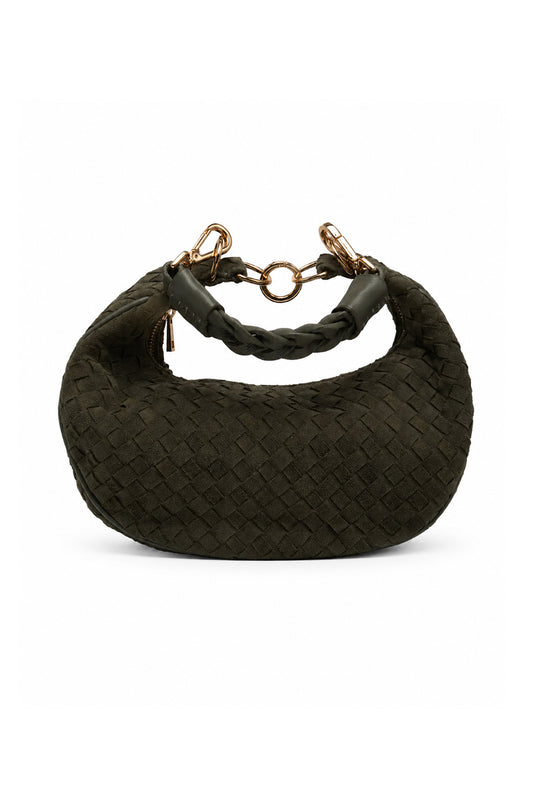 Bolsa Marcela P | Couro Chamois Tressê | Verde | Ferragem Dourada