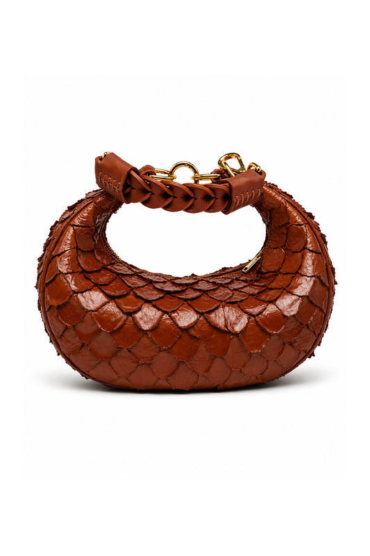 Bolsa Marcela P | Couro de Pirarucu | Caramelo | Ferragem Dourada