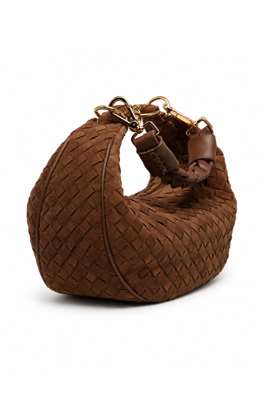 Bolsa Marcela P | Couro Chamois Tressê | Caramelo | Ferragem Dourada
