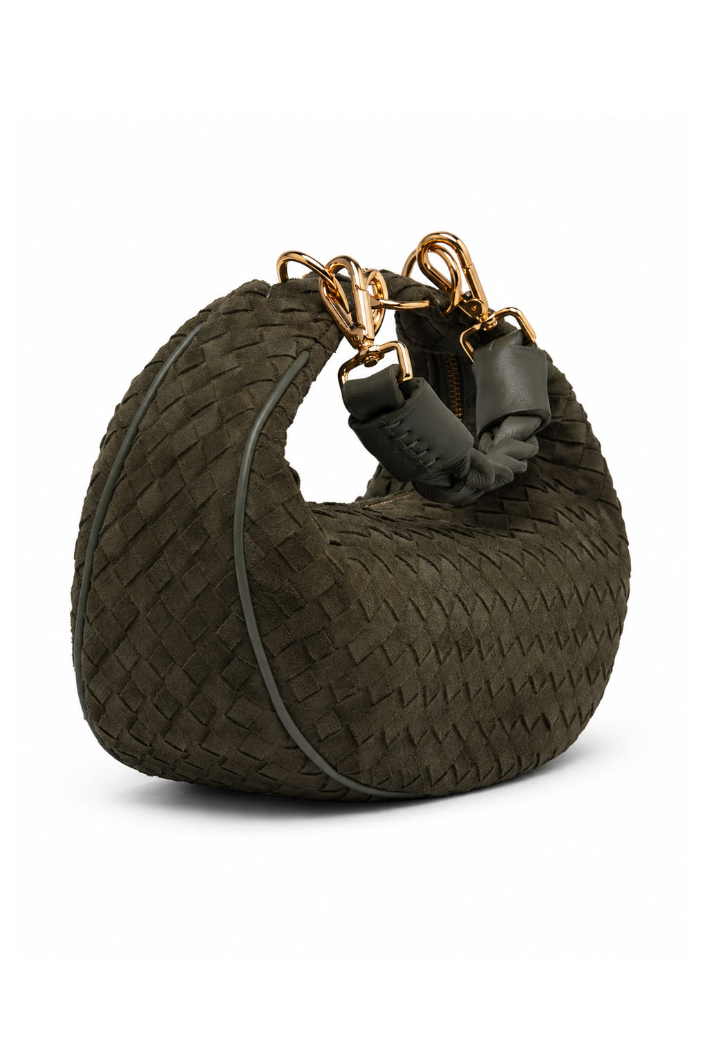 Bolsa Marcela P | Couro Chamois Tressê | Verde | Ferragem Dourada