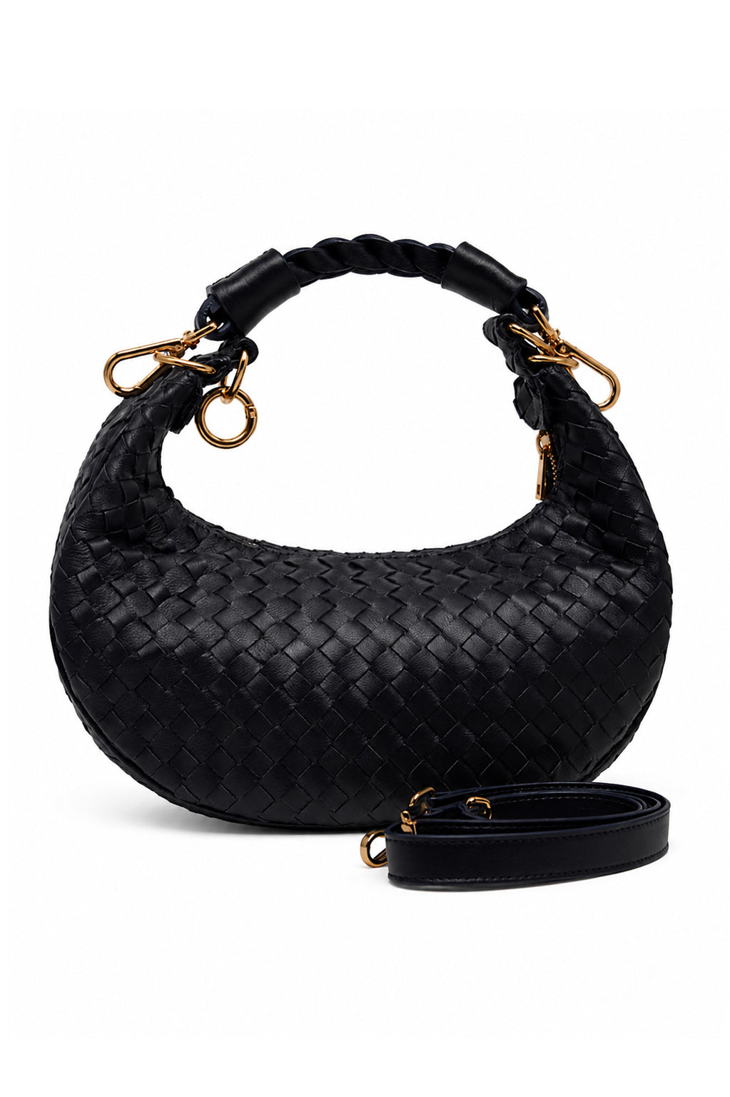 Bolsa Marcela P | Couro Pelica Tressê | Preta| Ferragem Dourada