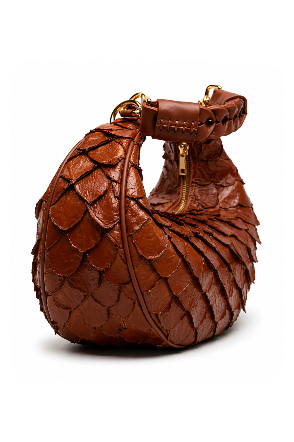 Bolsa Marcela P | Couro de Pirarucu | Caramelo | Ferragem Dourada