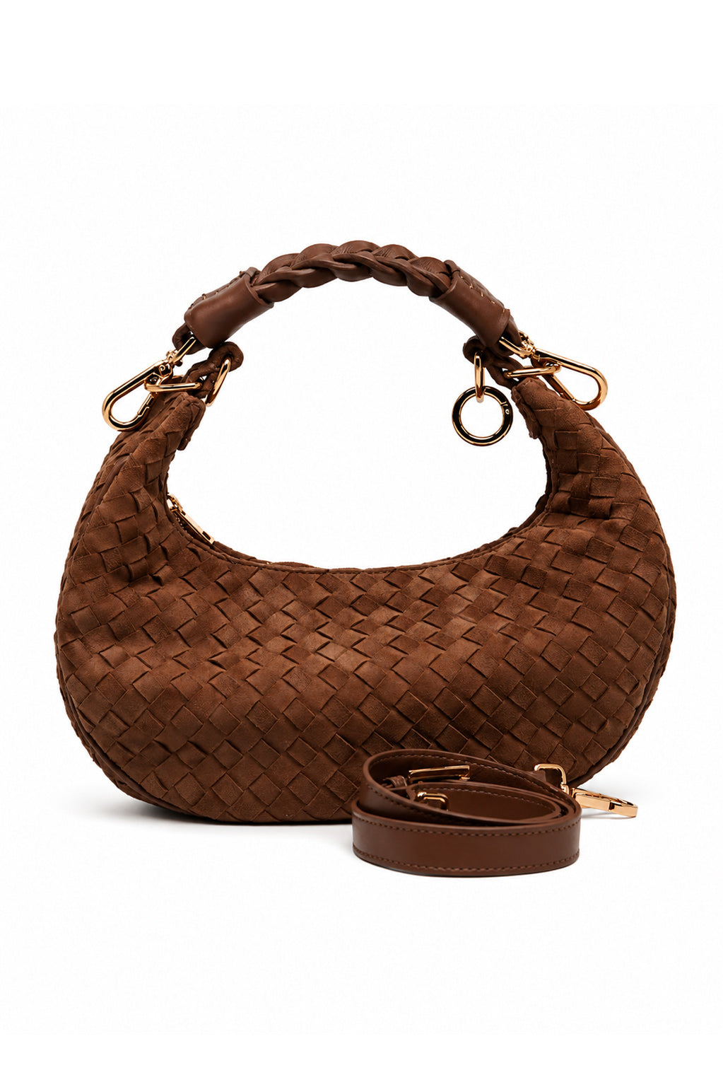 Bolsa Marcela P | Couro Chamois Tressê | Caramelo | Ferragem Dourada