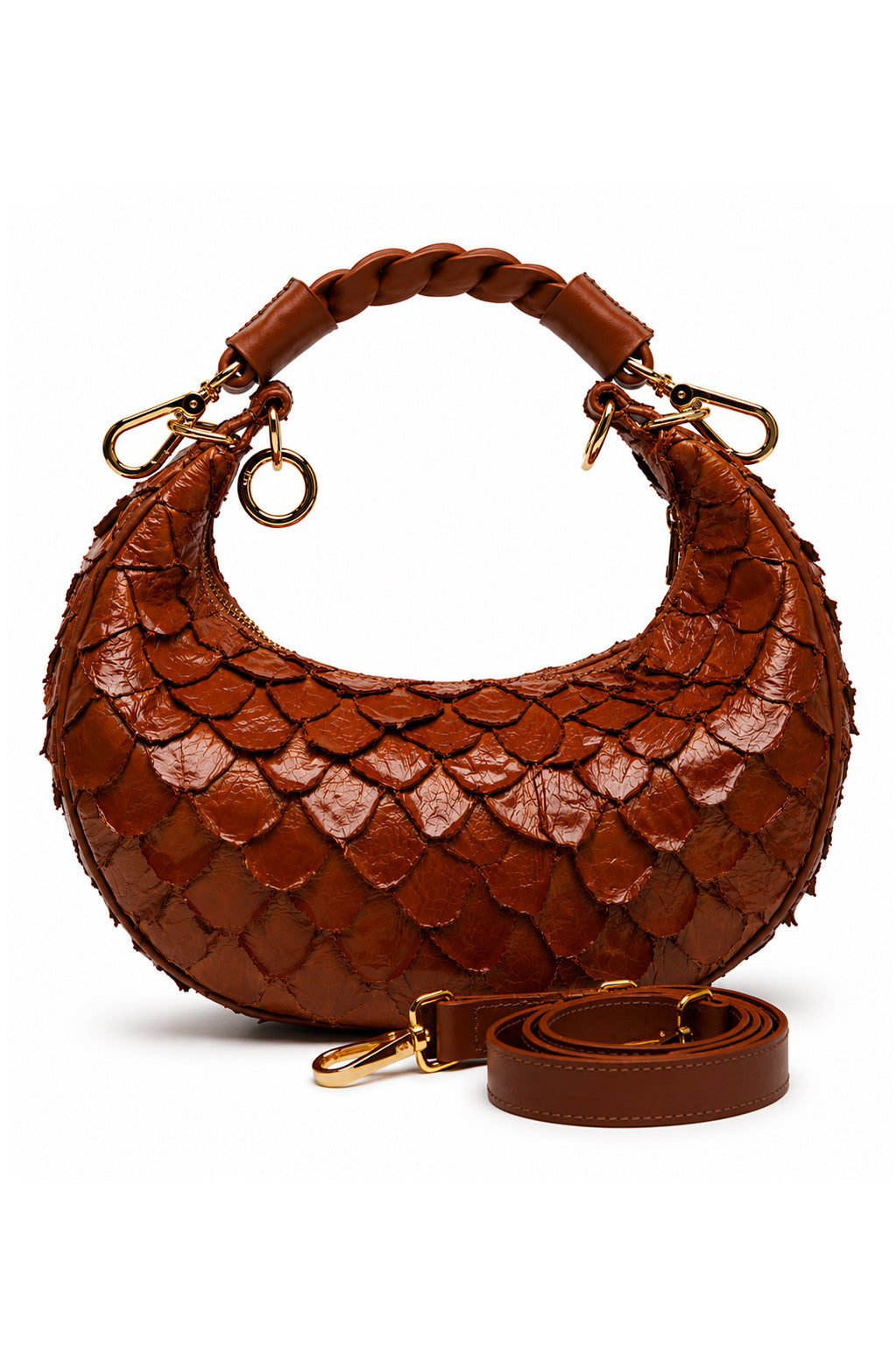 Bolsa Marcela P | Couro de Pirarucu | Caramelo | Ferragem Dourada
