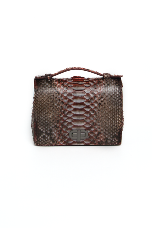 Bolsa Larissa | Couro de Python Artesanal | Marrom e Bordô