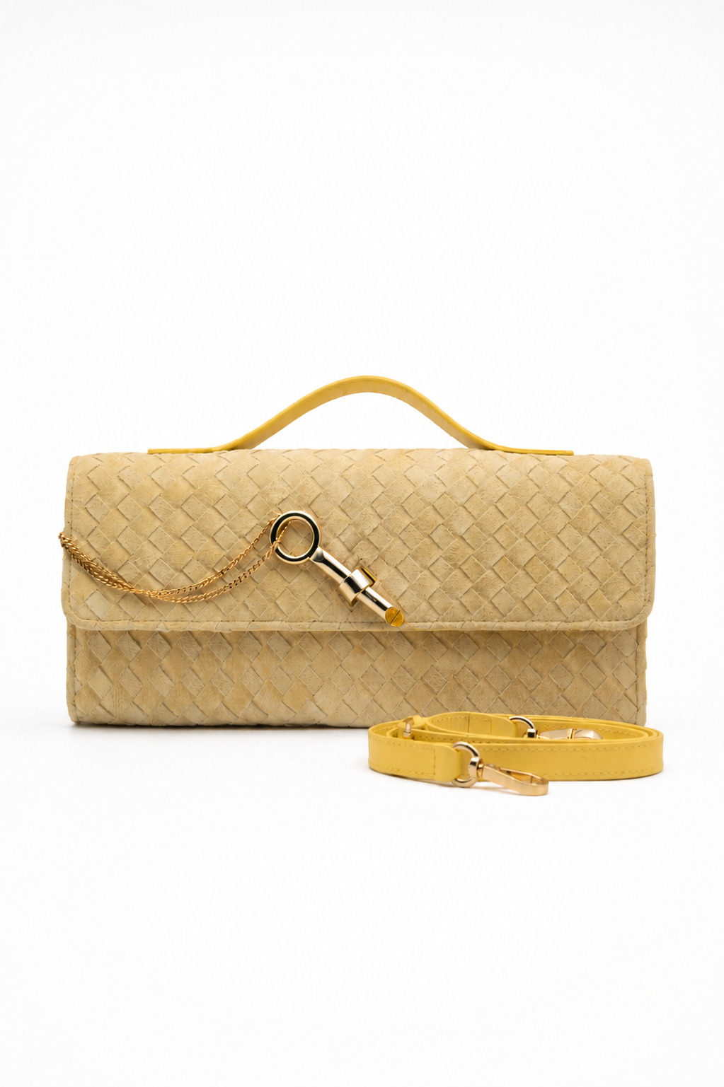 Bolsa Indiara | Couro Camurça Tressê | Amarela com Ferragem Dourada
