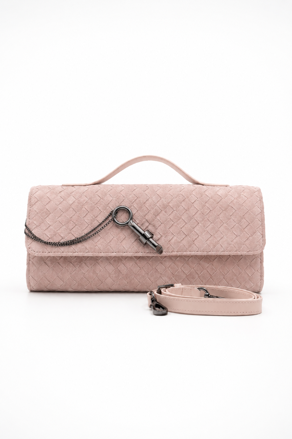 Bolsa Indiara | Couro Camurça Tressê | Rosé com Ferragem Grafite