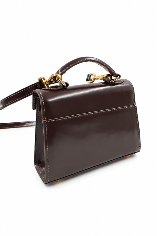 Bolsa Cris | Couro Box | Marrom | Ferragem Dourada