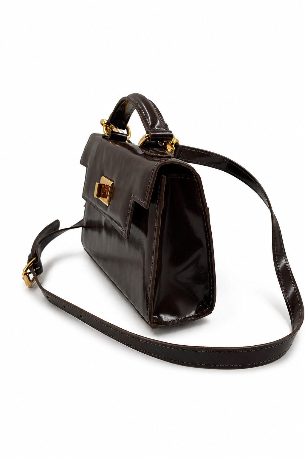 Bolsa Cris | Couro Box | Marrom | Ferragem Dourada