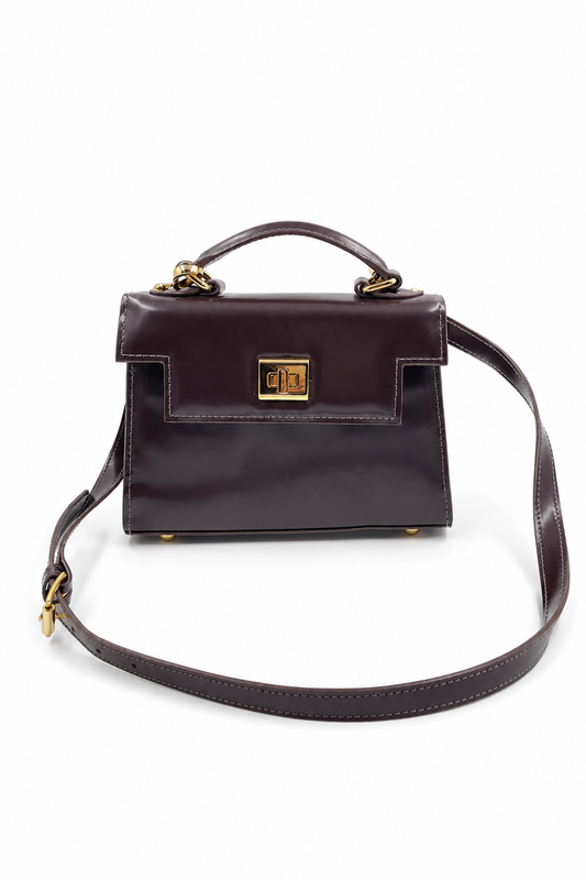 Bolsa Cris | Couro Box | Marrom | Ferragem Dourada