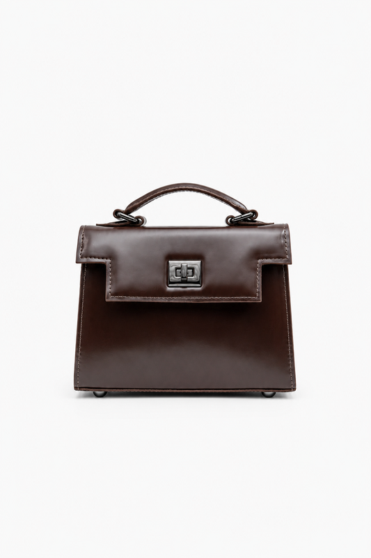Bolsa Cris | Couro Box | Marrom | Ferragem Ônix