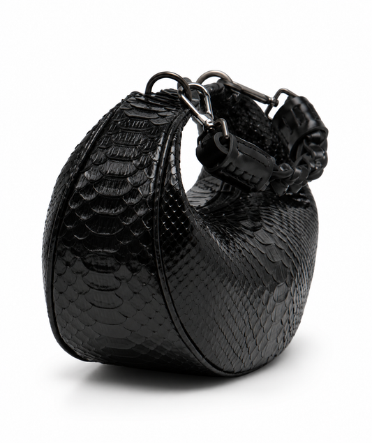 Bolsa Marcela P | Couro de Python | Preta | Ferragem Ônix
