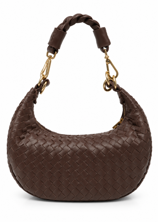 Bolsa Marcela P | Couro Pelica Tressê | Marrom | Ferragem Dourada