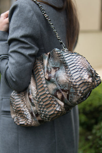 Bolsa Tanara | Couro de Python Artesanal | Marrom e Verde