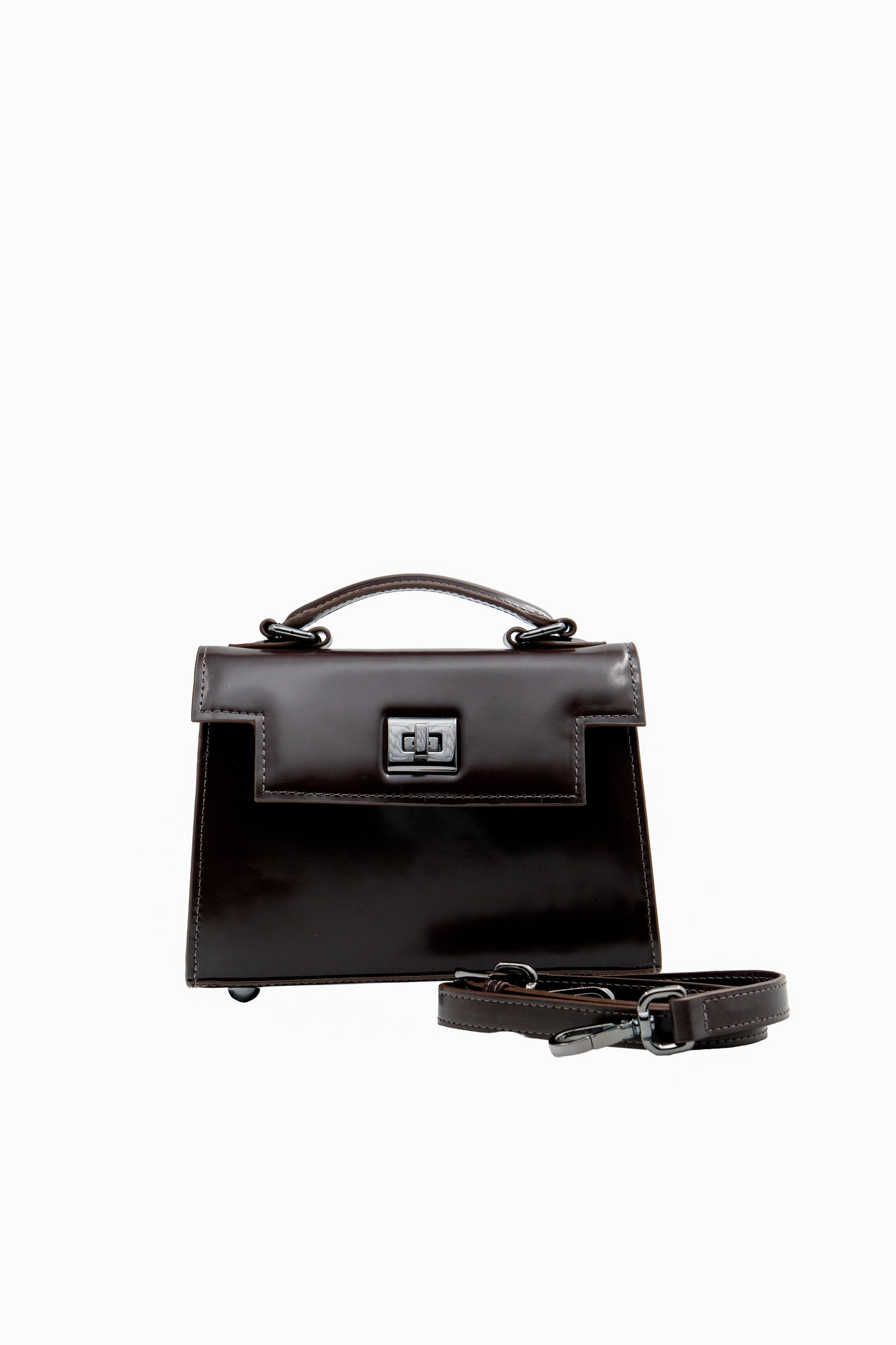 Bolsa Cris | Couro Box | Marrom com Ferragem Grafite