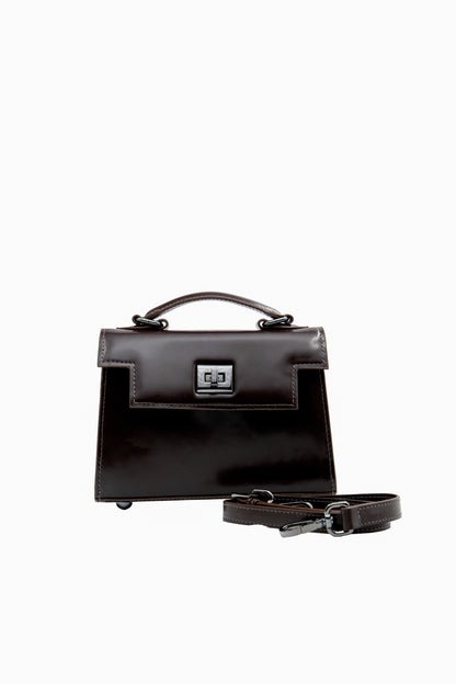 Bolsa Cris | Couro Box | Marrom com Ferragem Grafite