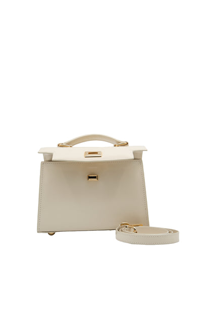 Bolsa Cris | Couro Box | Off White com Ferragem Dourada