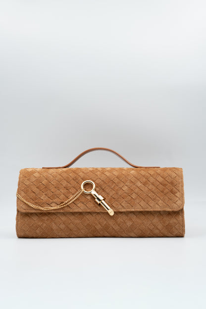 Bolsa Indiara | Couro Camurça Tressê | Camel com Ferragem Dourado