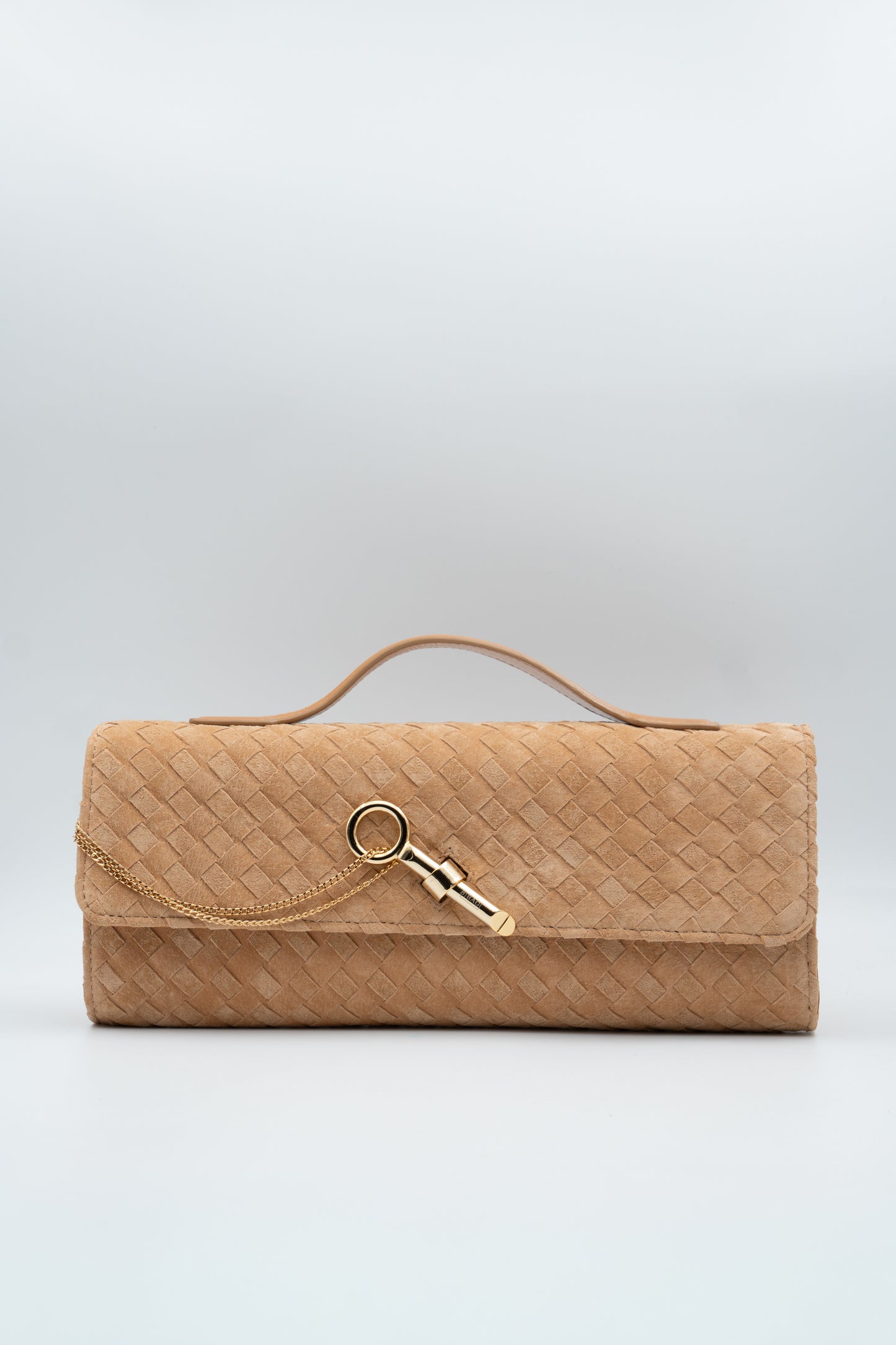 Bolsa Indiara | Couro Camurça Tressê | caramelo claro com Ferragem Dourado