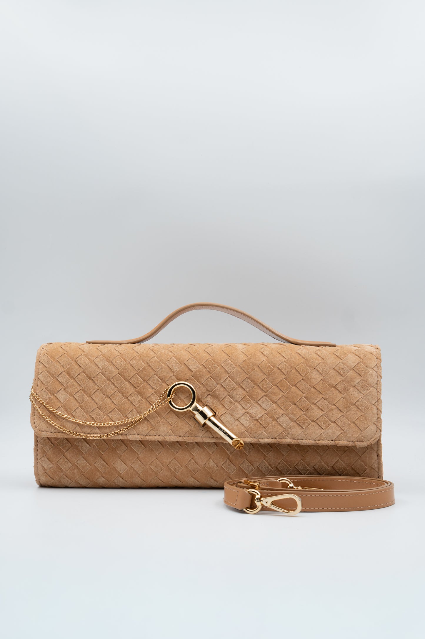 Bolsa Indiara | Couro Camurça Tressê | caramelo claro com Ferragem Dourado