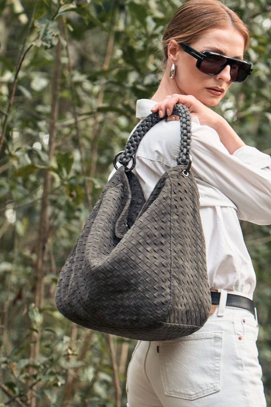 Bolsa Luana | Couro Chamoise | Cinza