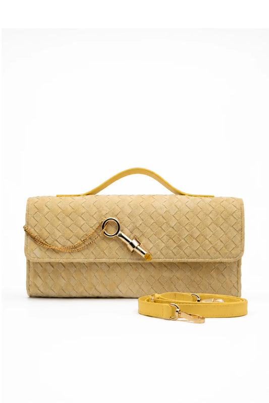 Bolsa Indiara | Couro Camurça Tressê | Amarela | Ferragem Dourada