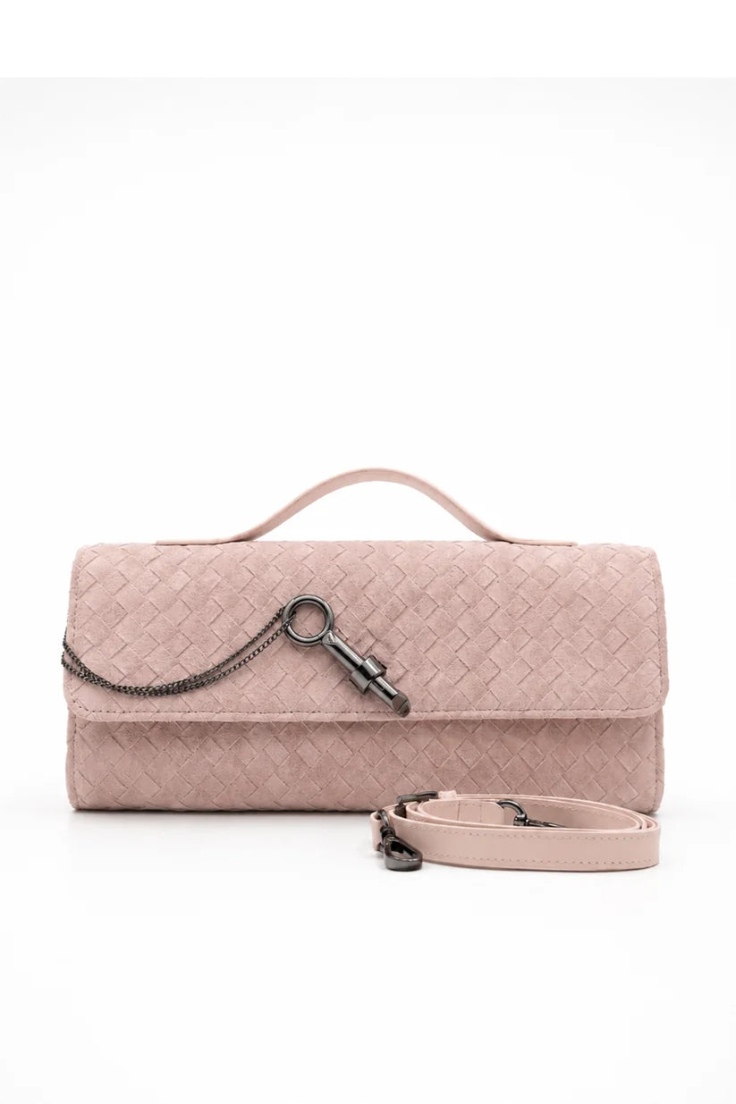 Bolsa Indiara | Couro Camurça Tressê | Rosé | Ferragem Ônix
