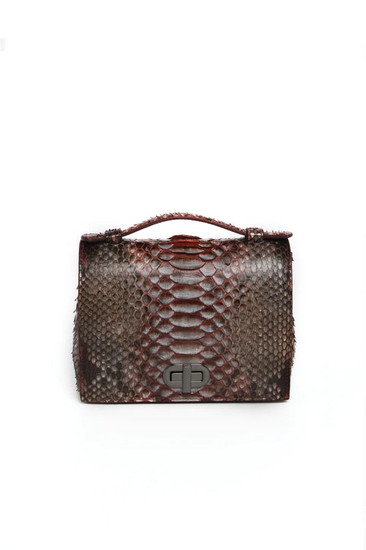 Bolsa Larissa | Couro de Python Artesanal | Marrom e Bordô