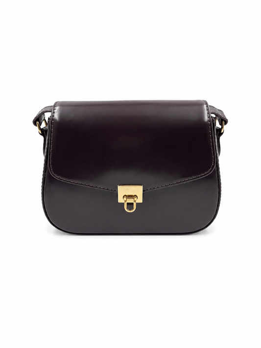 Bolsa Lia | Couro Box | Marrom | Ferragem Ouro