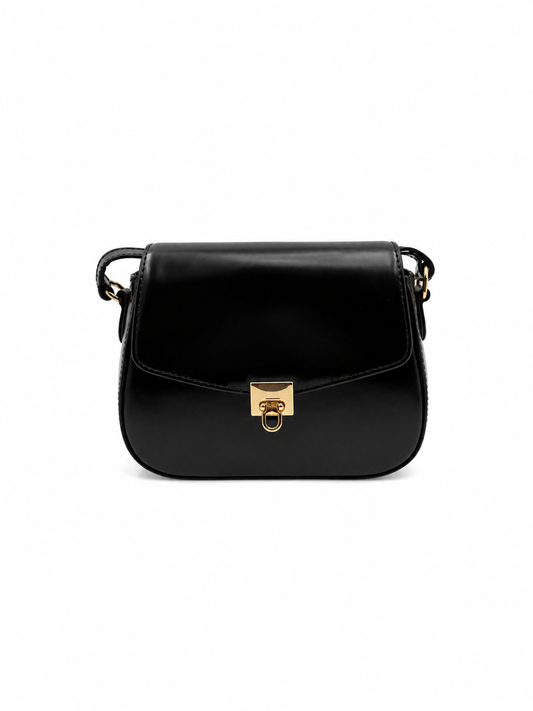 Bolsa Lia | Couro Box | Preta | Ferragem Dourada