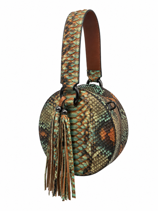 Bolsa Lua | Couro de Python | Verde e Laranja | Ferragem Ônix