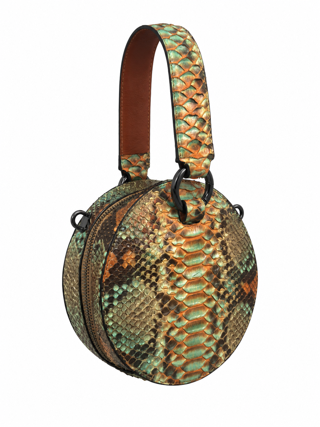 Bolsa Lua | Couro de Python | Verde e Laranja | Ferragem Ônix