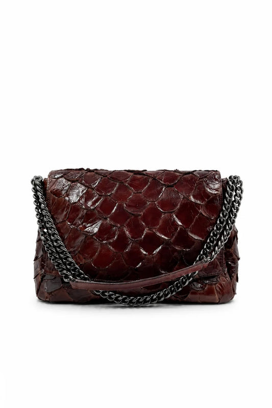 Bolsa Luna | Couro de Pirarucu | Marrom | Ferragem Ônix