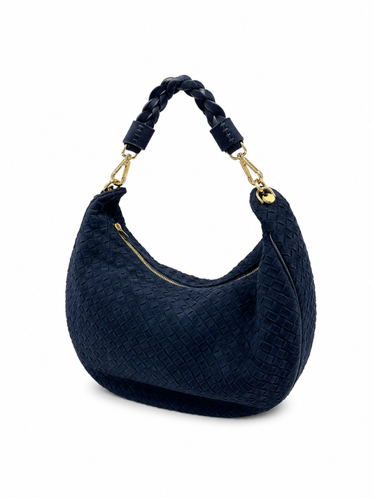 Bolsa Marcela M | Couro Chamoise | Azul | Ferragem Dourada