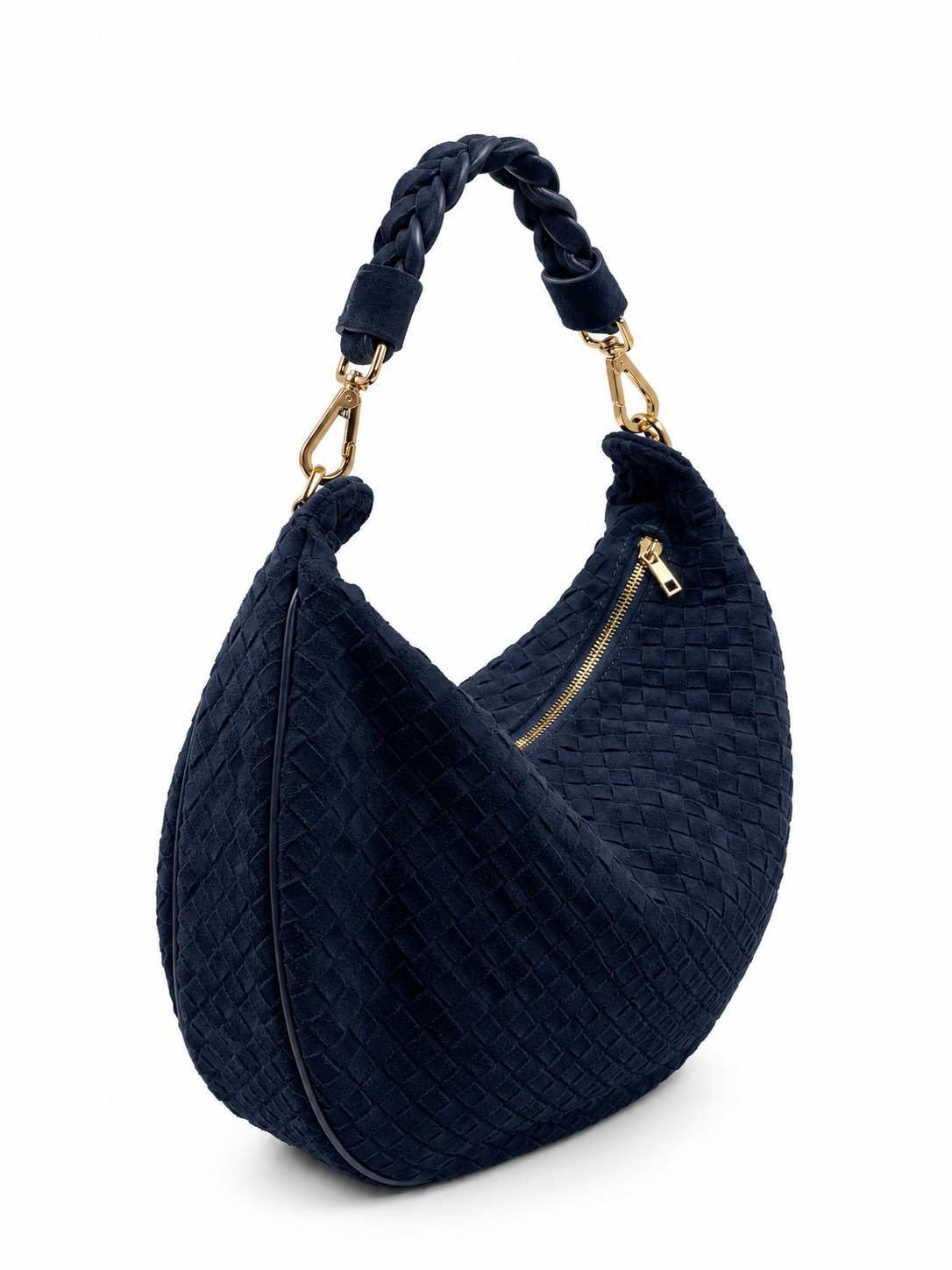 Bolsa Marcela M | Couro Chamoise | Azul | Ferragem Dourada
