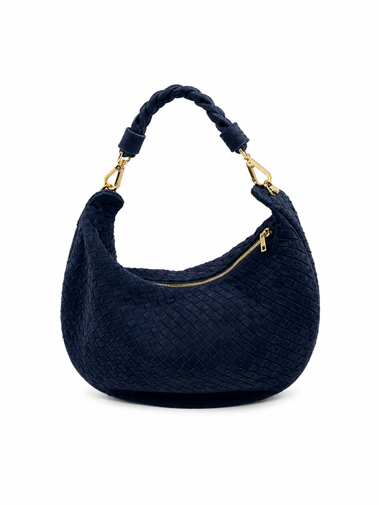Bolsa Marcela M | Couro Chamoise | Azul | Ferragem Dourada