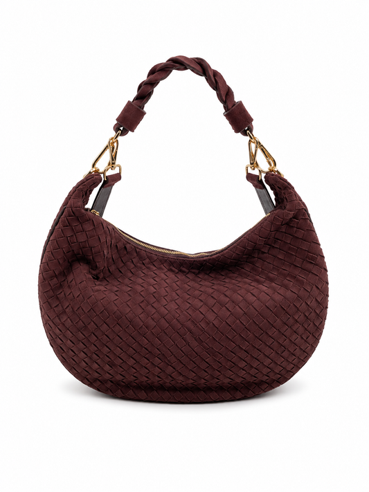 Bolsa Marcela M | Couro Chamoise | Marrom | Ferragem Dourada