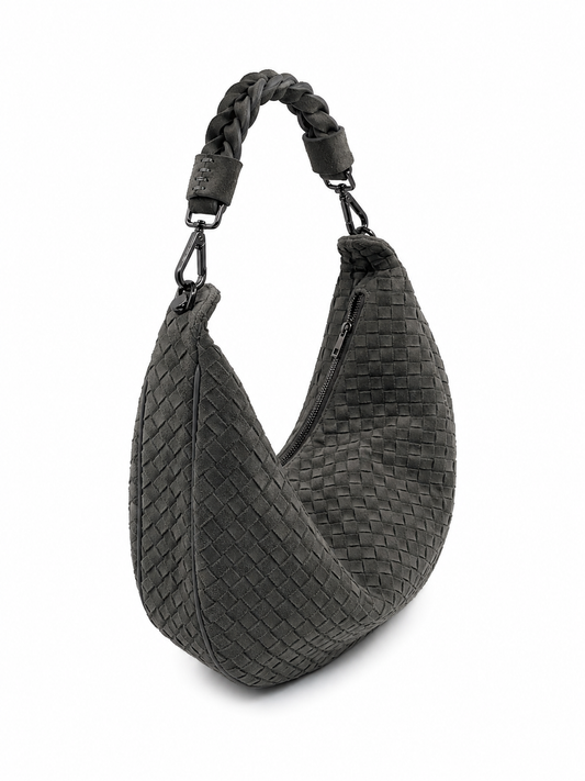 Bolsa Marcela M | Couro Chamoise | Verde Musgo | Ferragem Ônix