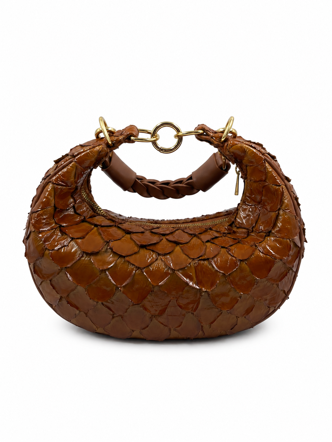 Bolsa Marcela P | Couro de Pirarucu | Caramelo | Ferragem Dourada
