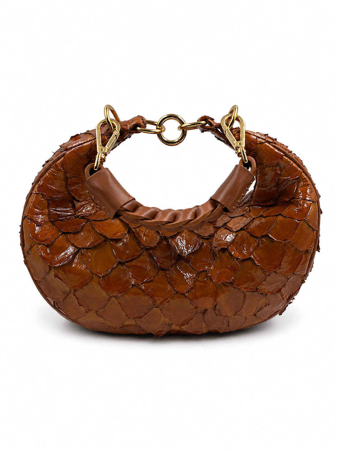 Bolsa Marcela P | Couro de Pirarucu | Caramelo | Ferragem Dourada