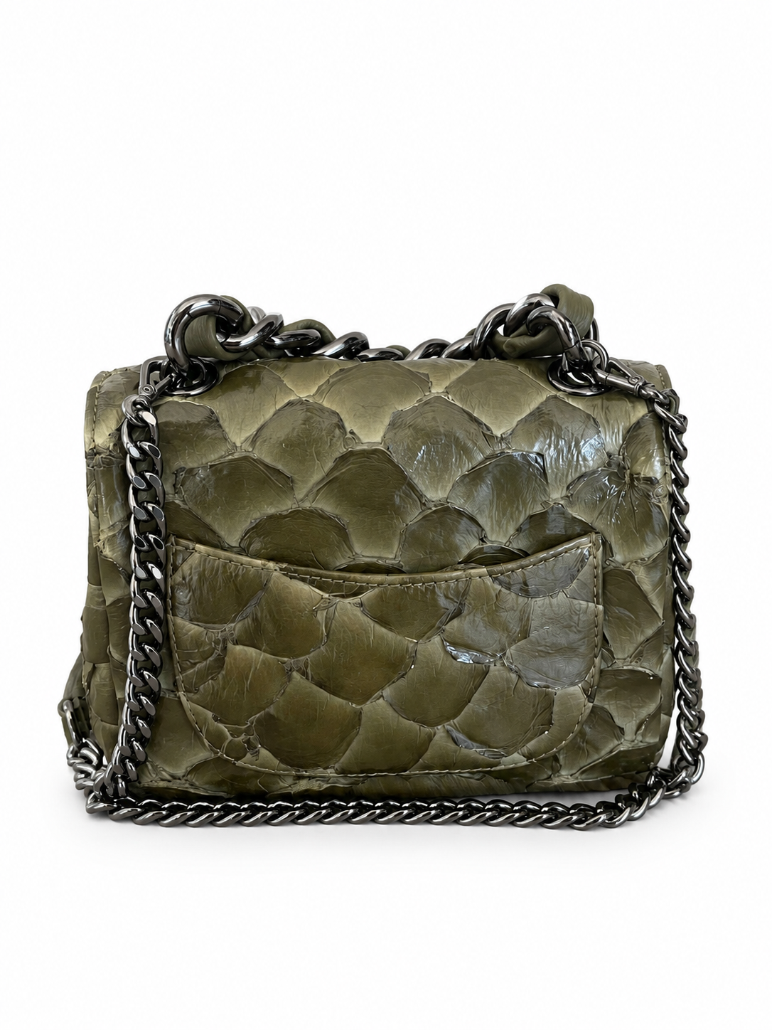 Bolsa Paty | Couro de Pirarucu | Verde Musgo | Ferragem Ônix