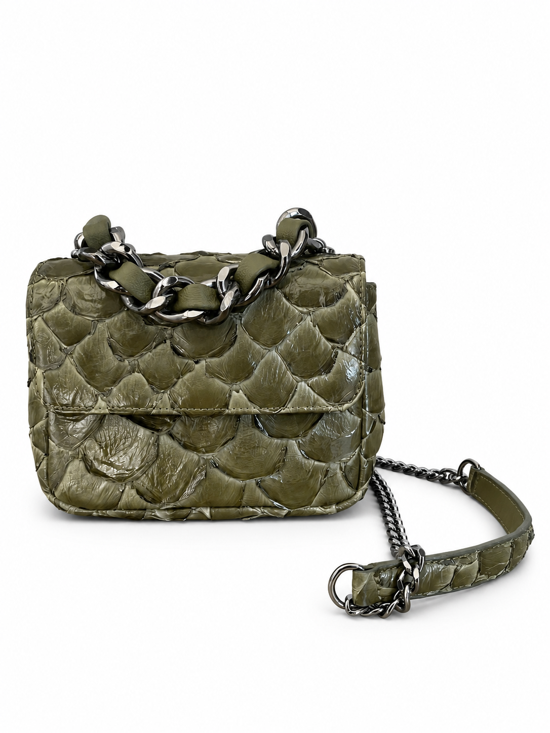 Bolsa Paty | Couro de Pirarucu | Verde Musgo | Ferragem Ônix