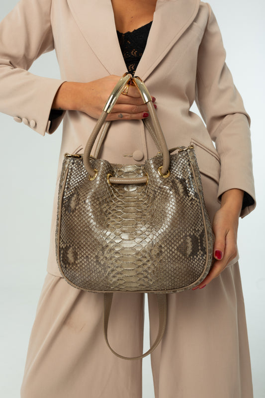 Bolsa Sandra | Couro de Python Artesanal | Bege
