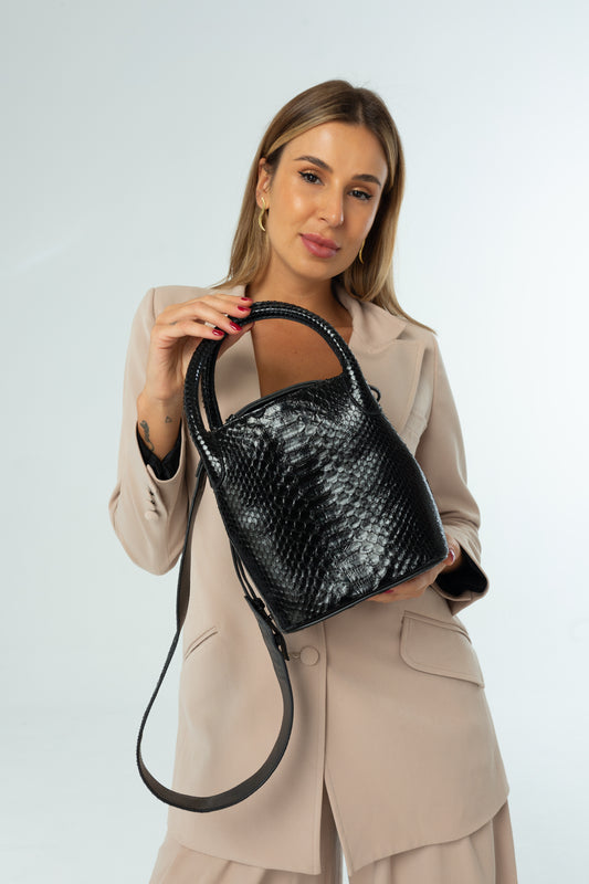 Bolsa Teca | Couro de Python | Preta