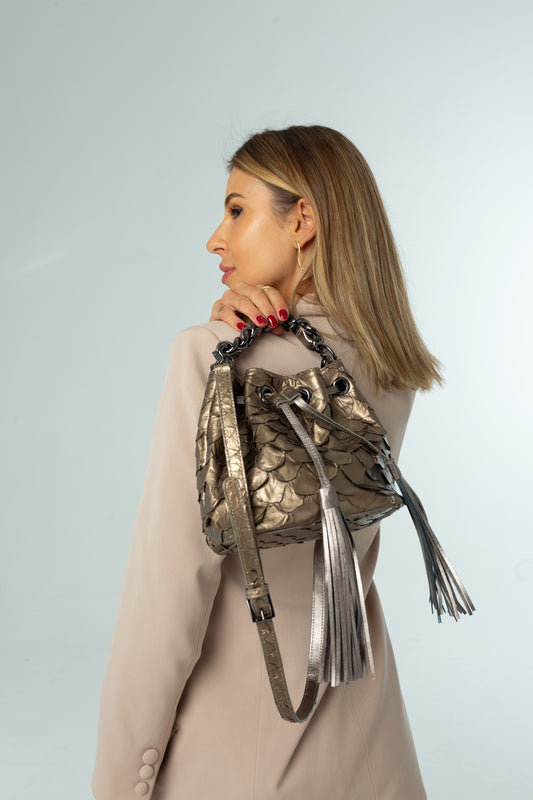 Bolsa Clarissa | Couro de Pirarucu | Bronze