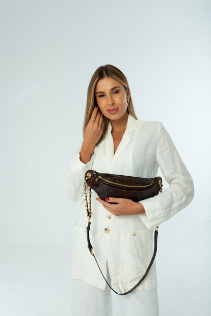 Pochete Lu | Couro de Python | Marrom | Ferragem Dourada